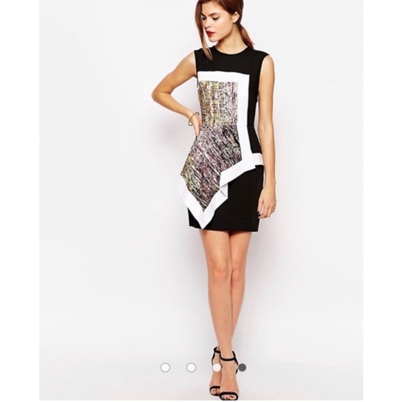 BCBGMaxAzria Alessandra Peplum Abstract Mini Dress Black Multi Sleeveless Sz 8 - Picture 3 of 16